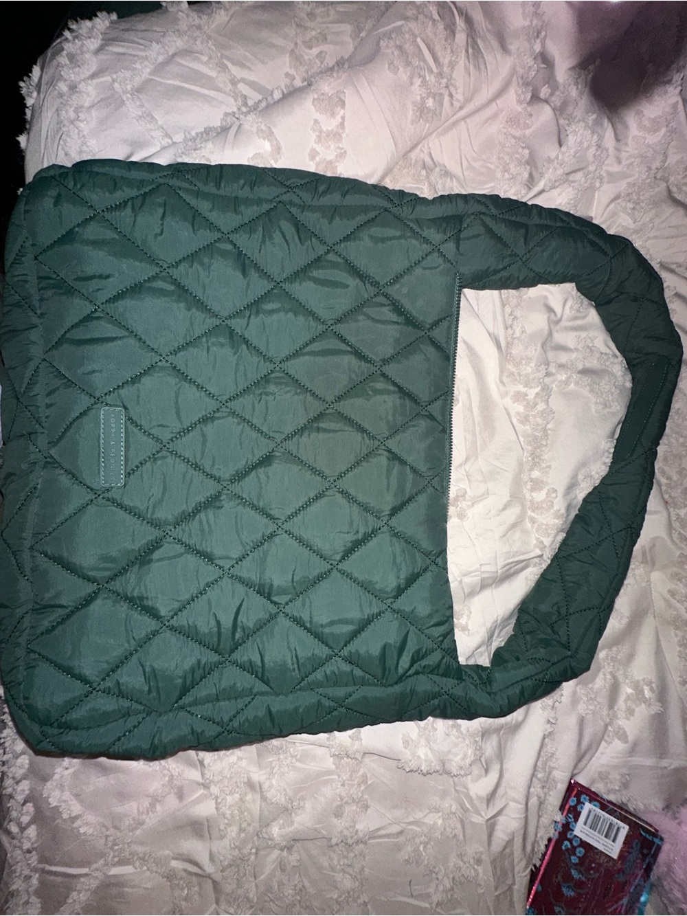 Poppy and Peonies Quilted Green Tote Bag for Women